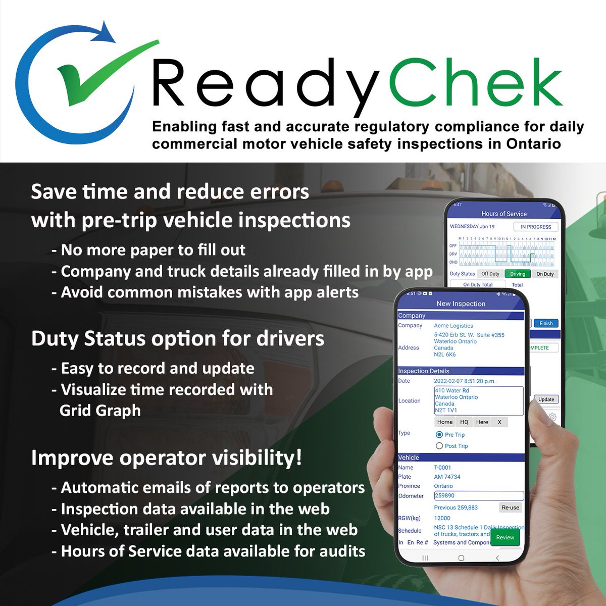 ReadyChek's tweet image. @safety_dawg
made a great video this week explaining the #CVOR #HoursOfService regulations. Check it out here lnkd.in/et-PHXPJ and don't forget to like and subscribe to the channel.
If your company stays within 160km of HQ get the ReadyChek.com mobile app.
#DVIR