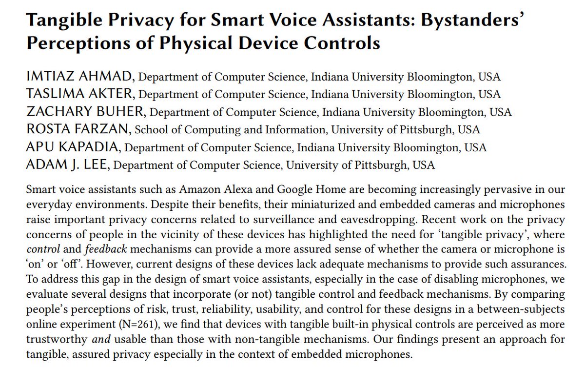 amiimti's tweet photo. 🎉Pre-print Announcement!🎉
Does physical device controls provide a better sense of privacy to bystanders? Proudly presenting our new pre-print that addresses this question in the context of smart voice assistants [to appear at #CSCW2022] https://t.co/S3s5uVMoWQ [1/n] https://t.co/OahFBJ0u5v