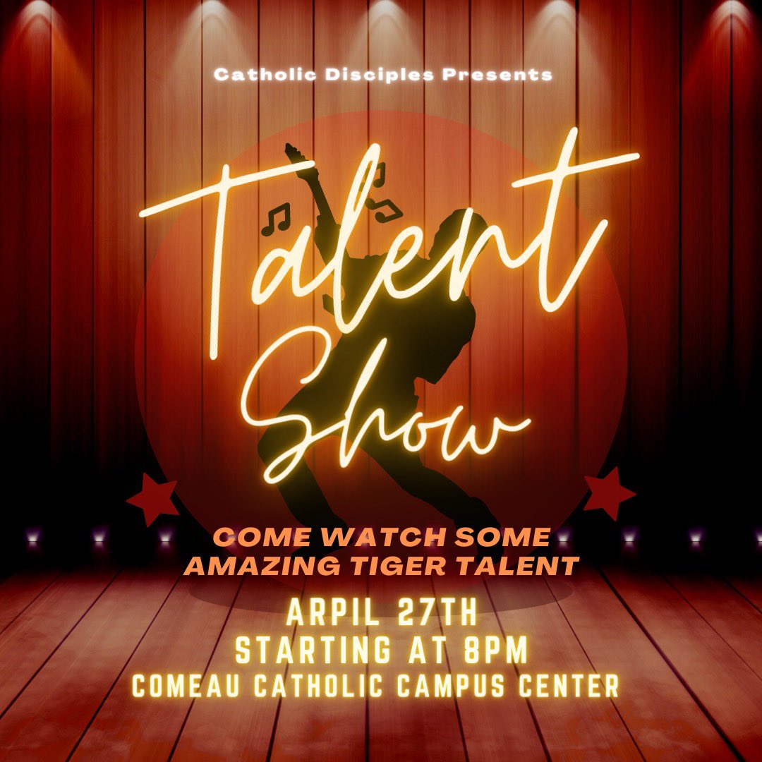 FHSUDisciples's tweet image. Take a break from homework and join us TONIGHT at 8PM as we have a talent show! Come cheer on your friends as they try to win the title of the most talented Catholic at FHSU! Bring a friend and #rolltiges