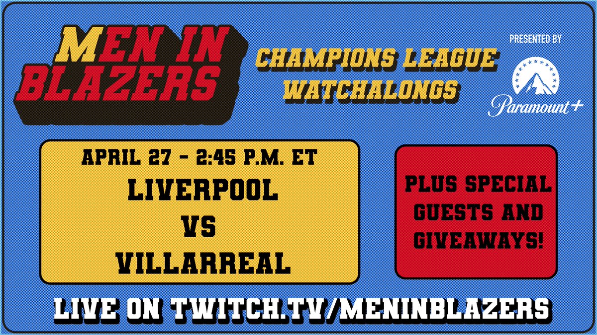 🏆 #UCL SEMIFINALS 🏆

Watch #LIVVIL with Rog and Davo LIVE on <a href="/Twitch/">Twitch</a> with special guests:

⚽️ <a href="/thewalkerzim/">Walker Zimmerman</a>
⚽️ <a href="/headdturnerr/">Matt Turner</a>
⚽️ <a href="/The2RobbiesNBC/">The 2 Robbies</a>
⚽️ <a href="/sarahlgorden/">Sarah Gorden</a>

Tune in at 2:45 p.m. ET  📺 Twitch.tv/MeninBlazers
