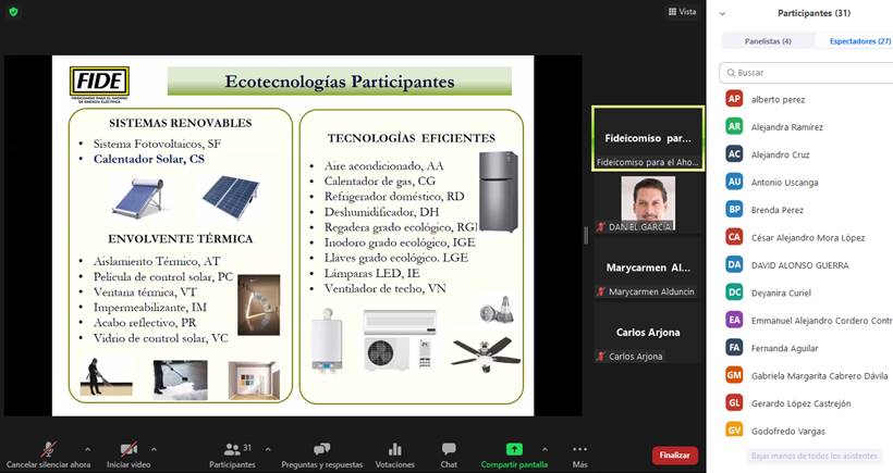Estamos en el webinar sobre el programa de mejoramiento integral sustentable de vivienda del <a href="/fidemx/">FIDE</a>  
¡Magnífica oportunidad financiera para integrar ecotecnologias en vivienda social existente! <a href="/ConueeSolar/">Conuee Solar</a> <a href="/anes_oficial/">ANES</a>