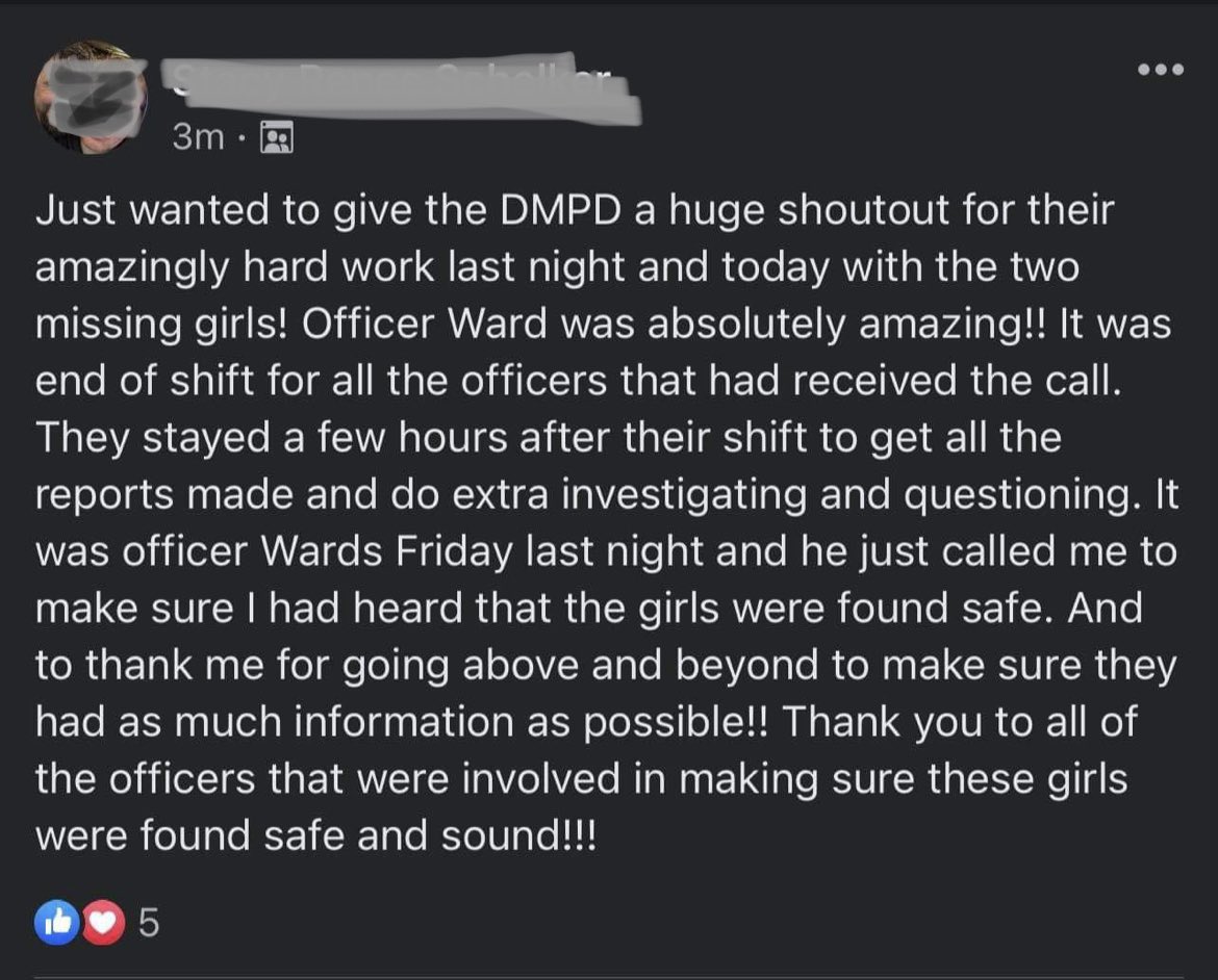 DMPolice's tweet image. Our evening and overnight officers spent many tense hours early this week,searching for 2 missing kids. One lead led to another, then another, then another…..

They didn’t quit.  Their perseverance &amp;amp; commitment to the citizens they serve,led to the kids being located.

1/2