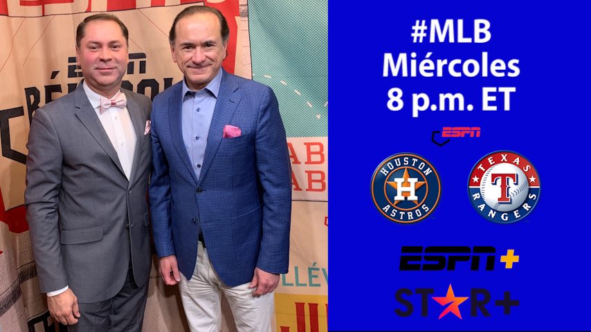 Los espero esta noche a las 8 p.m. ET junto a @FerAlvarez para el duelo tejano. #Astros vs. #Rangers. Revisen sus guías de programación y disfruten junto a nosotros #MLB por ESPN+ @ESPN_Beisbol @StarPlusLA #MLBxESPN