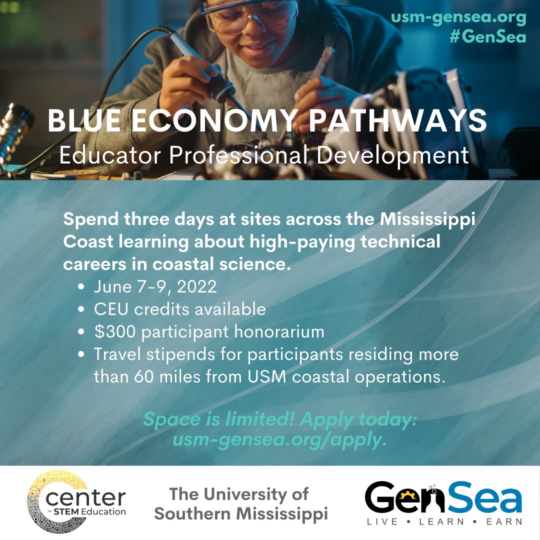 usmSTEMed's tweet photo. May 1 is the last day for teachers to apply for the GenSea Blue Economy Pathways in-service! Spend 3 days in June at sites across the Coast learning about emerging blue economy careers. Sign up at https://t.co/8ykTqodMBN. #SMTTT #STEMed #workforcedevelopment @soseusm  @_GulfBlue_ https://t.co/Anc2qGLWJO