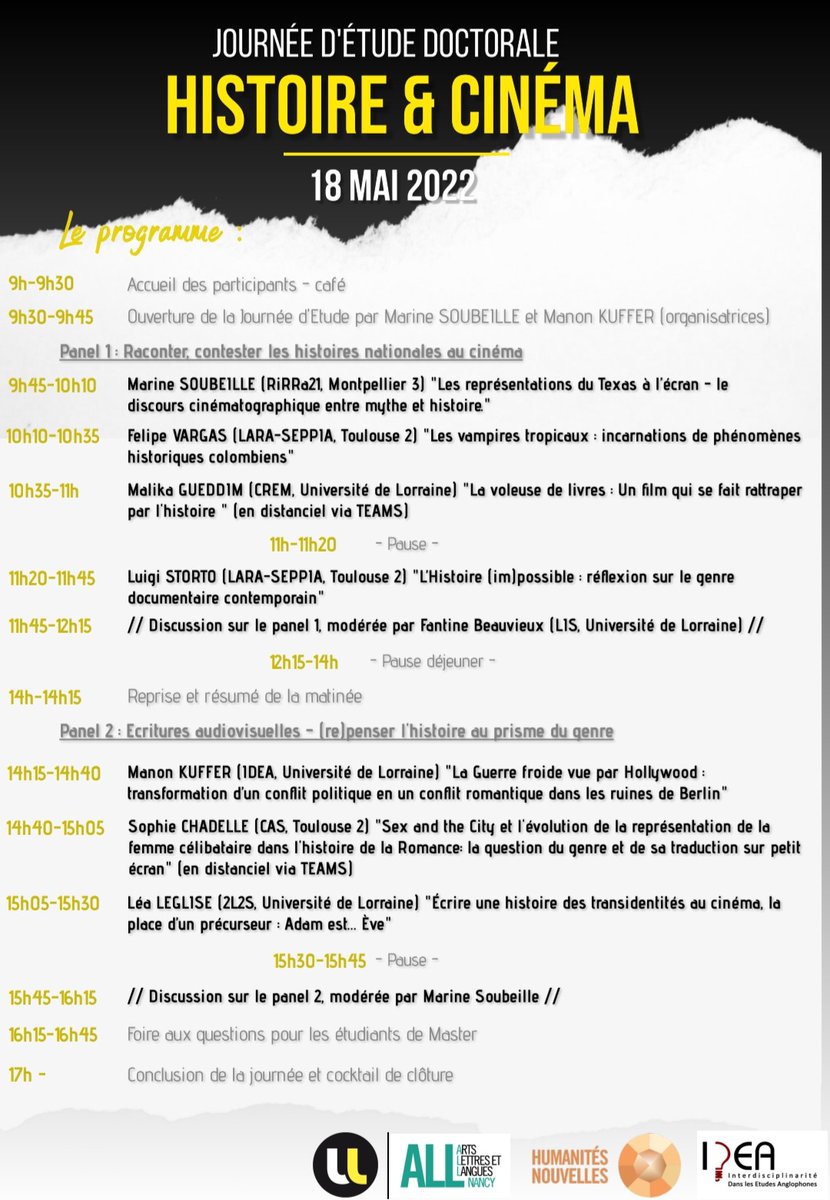 Fantine_B's tweet photo. Une super journée d'étude qui s'annonce !
Je ne communiquerai pas mais je modérerai la discussion qui aura lieu à l'issue du panel 1 "Raconter, contester les histoires nationales au cinéma" 🎥 https://t.co/ITUpNxKWfz