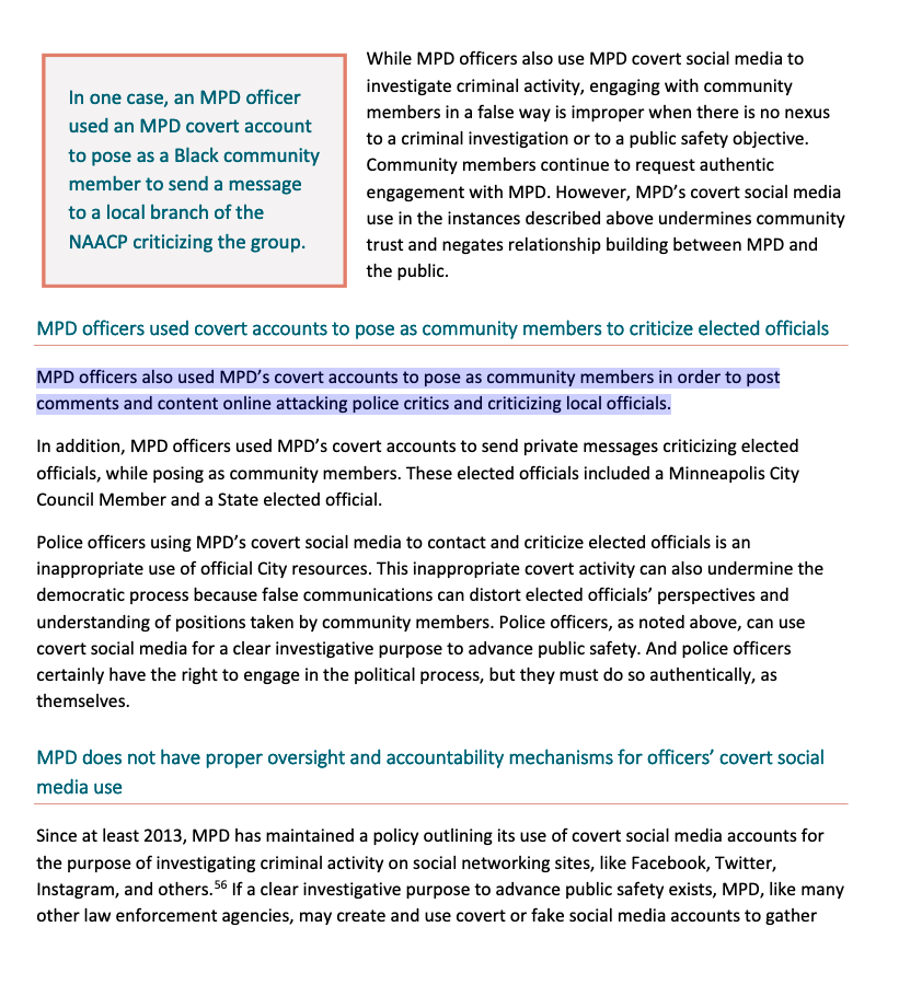Minneapolis police set up fake social media accounts and posed as members of the public to criticize elected officials and surveil Black activists and organizations *without a public safety objective*, according to the state Dept of Human Rights investigation.