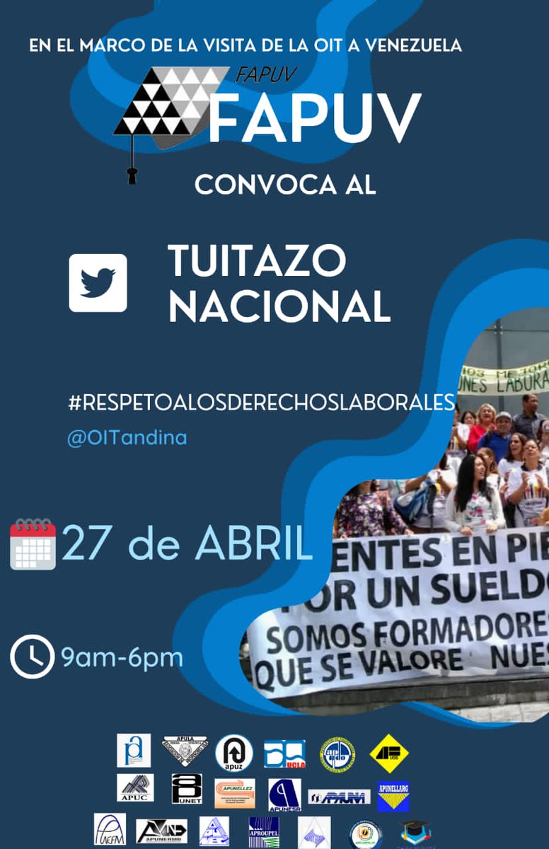 ¡Que la <a href="/OITAndina/">OIT Países Andinos</a> y el mundo conozca la justa lucha que estamos librando los universitarios venezolanos por nuestro Derecho a la Vida!
La exigencia es una y contundente: #RespetoALosDerechosLaborales