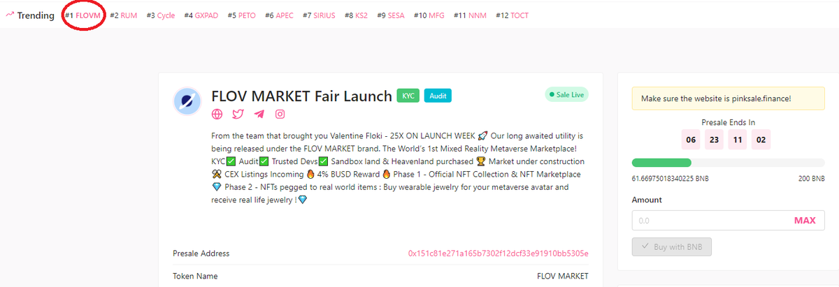 #FLOVM PRESALE NOW LIVE ON PINKSALE!

pinksale.finance/#/launchpad/0x…

CURRENTLY #1 TRENDING LFG!!🚀🚀

#BNB #PINKSALE #PRESALE #binance #FLOVM