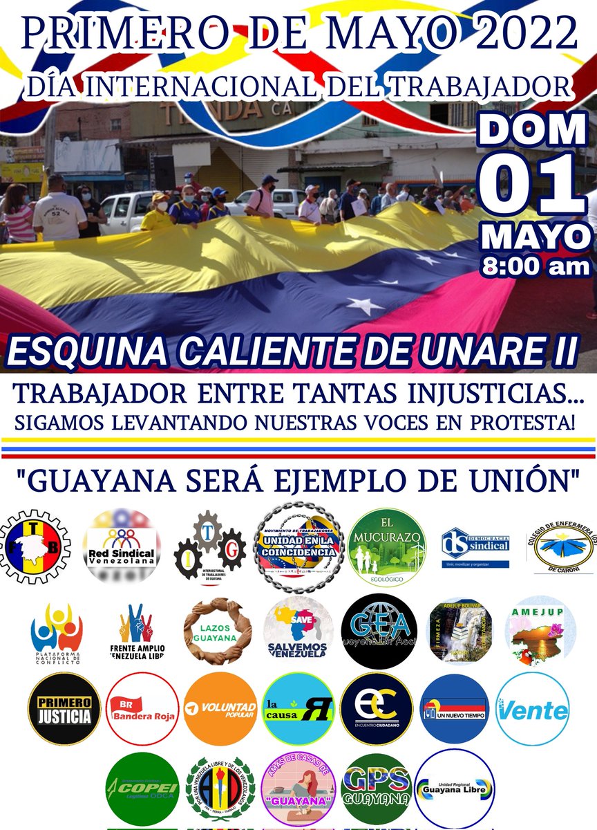 Unidad_Coincide's tweet photo. La Unidad del Movimiento de Guayana es necesaria para la Reconquista de Todos Nuestros Derechos! 
📌 Derechos Humanos.
📌 Derechos Laborales.
📌 Derechos Sociales.
📌 Derechos Políticos... #RumboAlPrimeroDeMayo 
#TrabajadoresUnidos
#PartidosUnidos 
#SociedadUnida 
#TodosUnidos https://t.co/1OXYKoKVzc