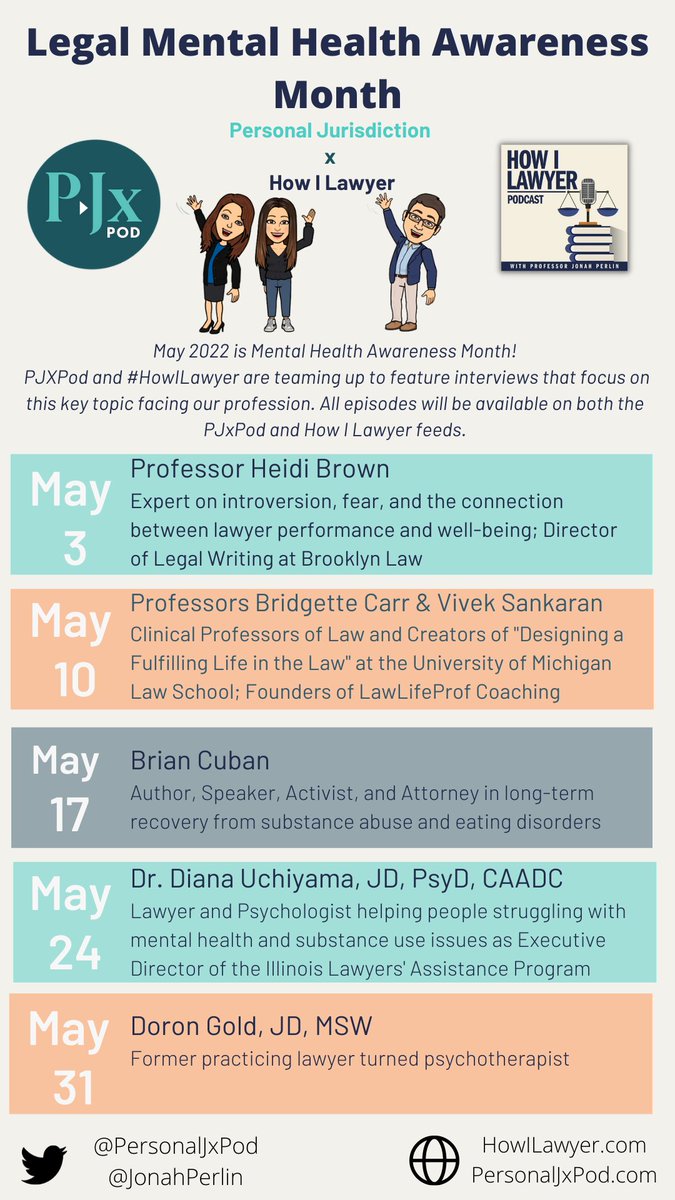 JonahPerlin's tweet photo. 📢 Exciting News!

I am super excited to announce the #HowILawyer #Podcast's first crossover/collaboration! 

In May, I am teaming up with my friends at @PersonalJXPod for a month of interviews dedicated to the important topic of #mentalhealth in the legal profession! 1/3 https://t.co/RtCcC7R7WX