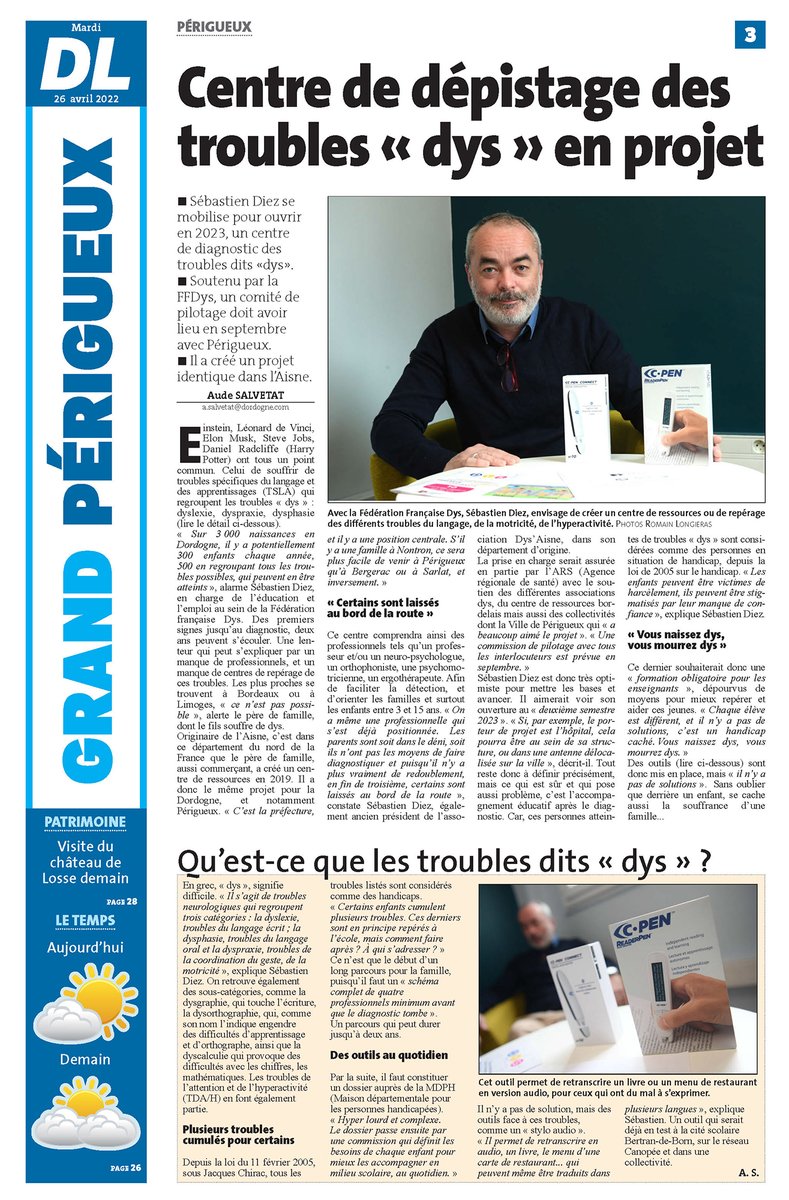 FFDysfrance's tweet photo. "Sébastien Diez se mobilise pour ouvrir en 2023, un centre de diagnostic des troubles dits #dys. Soutenu par @FFDysfrance un comité de pilotage doit avoir lieu en septembre avec #Périgueux."
#Troublesdys
Dordogne Libre - 26 avril 2022
https://t.co/9OeCV0TpOP https://t.co/6dGJa1silb