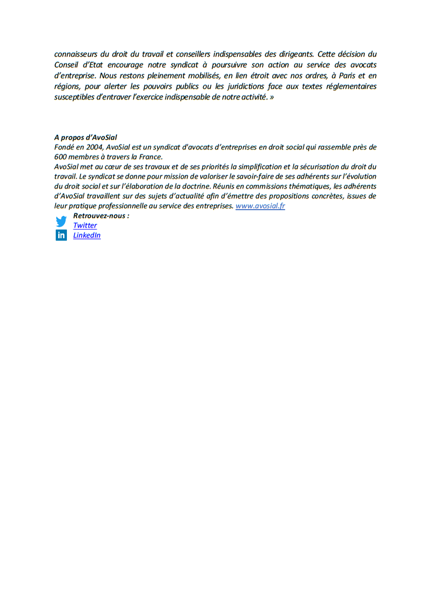 🔴[COMMUNIQUE]🔴Prestation « conseil en ressources humaines » pour les TPE et PME : AvoSial se félicite de la décision du <a href="/Conseil_Etat/">Conseil d'État</a> du 26 avril 2022 qui réhabilite les cabinets d’avocats, aboutissement du recours du <a href="/CNBarreaux/">Conseil national des barreaux - les avocats</a>. #avocats #concurrence #RH #TPE #PME