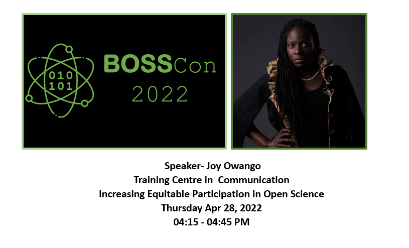 Join our Director  <a href="/Joyowango/">First of Her Name</a>  at  #BOSSCon2022 , hosted by <a href="/BioinfoHub_KE/">Bioinformatics Hub of Kenya</a> , <a href="/OpenKe/">OpenScienceKE</a>  &amp; <a href="/codeforsociety/">Code for Science & Society</a> as she talks about , how TCC Africa &amp; her partners are increasing equitable participation in #OpenScience 

#ResearchCapacity and advocacy on #OpenScience in  #Africa