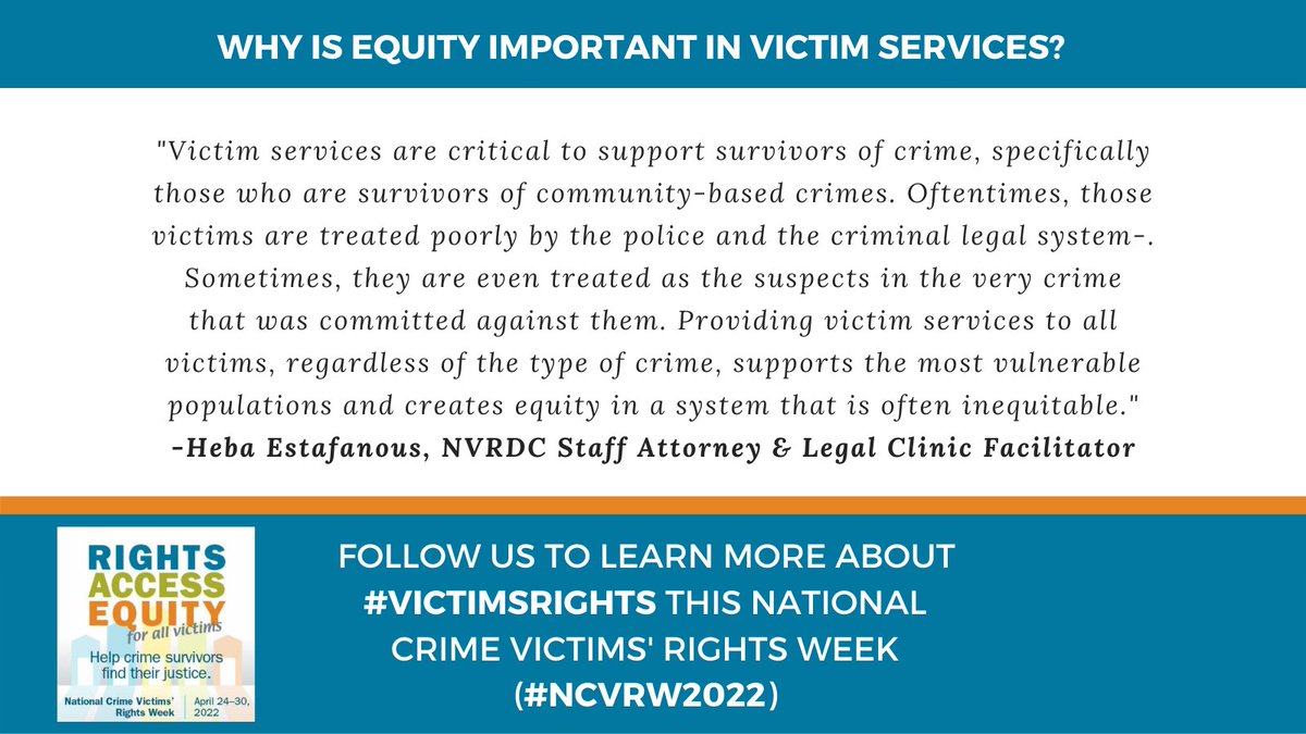 NVRDC's tweet photo. For #NCVRW2022, we asked Heba Estafanous, @NVRDC former Staff Attorney and now Pro Bono Attorney, why equity is so important in #CVR and victim services? Heba tells us:
#NCVRWinDC https://t.co/aqczA7oXKK