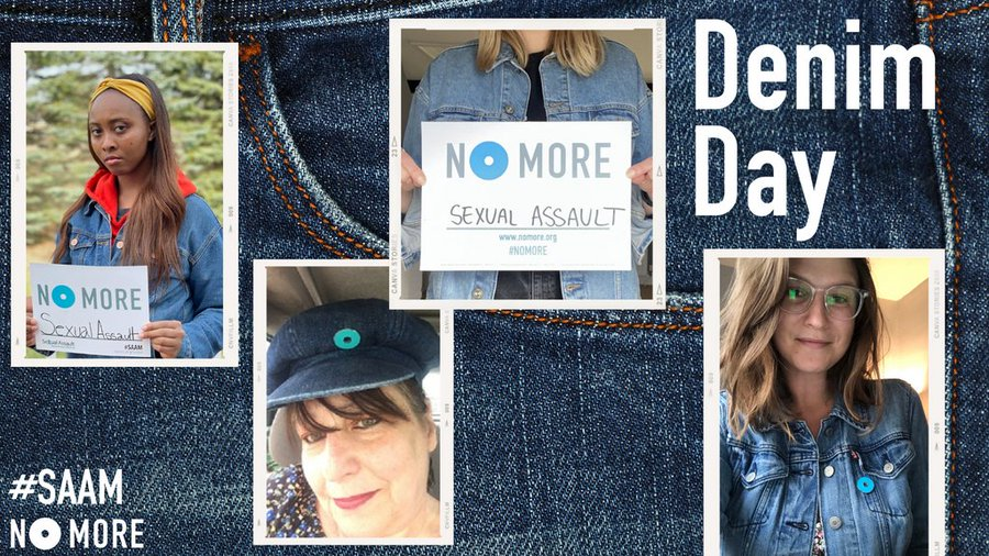 NOMOREorg's tweet photo. On #DenimDay, we say #NOMORE to victim blame. 

Today and every day, we stand in solidarity with survivors around the world. There's NEVER an excuse for sexual assault, harassment, or rape. Show off your denim today and tag us. #SAAM #SAAM2022 https://t.co/aNIv6bJvHy