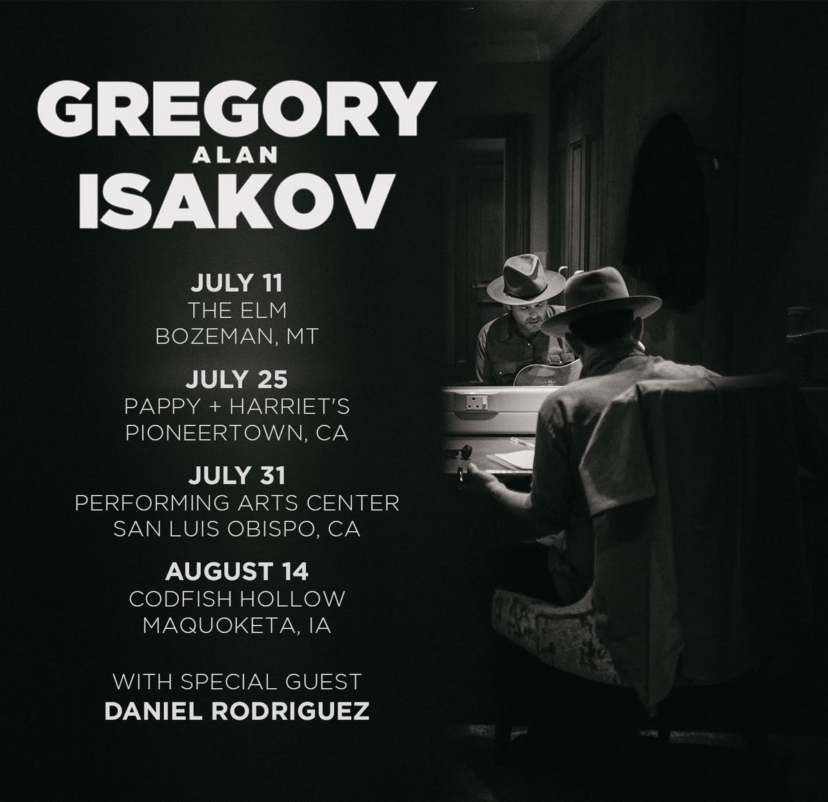 Daniel Rodriguez (@drodriguezmuse) on Twitter photo I’ll be opening a handful of shows for <a href="/GregoryAIsakov/">Gregory Alan Isakov</a> at some pretty neato spaces I’ll be opening a handful of shows for <a href="/GregoryAIsakov/">Gregory Alan Isakov</a> at some pretty neato spaces