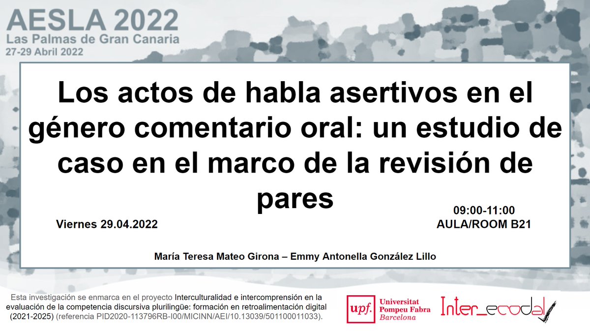 El viernes a las 10.30h en la sala B21, <a href="/temagi16/">M. Teresa</a> y @EmmyAntonellaGL presentarán resultados de su investigación sobre retroalimentación: “Estudio pragmalingüístico de los actos de habla asertivos en el género comentario oral producido en el marco de la revisión de pares”