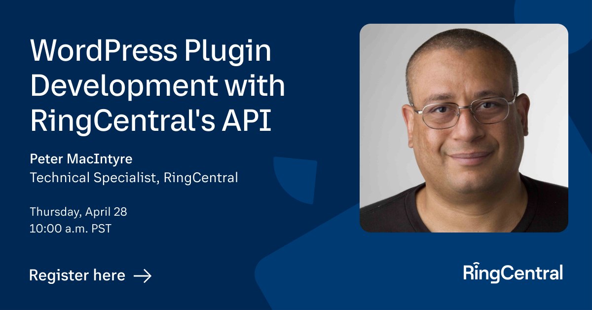 Make sure to join us tomorrow 4/28 for <a href="/pbmacintyre/">Peter MacIntyre</a>'s talk to learn how to get started with WordPress Plugin Development with RingCentral's API! #WordPress #API #WebDev #Coding

Register here: ringcentr.al/3M8hiX8