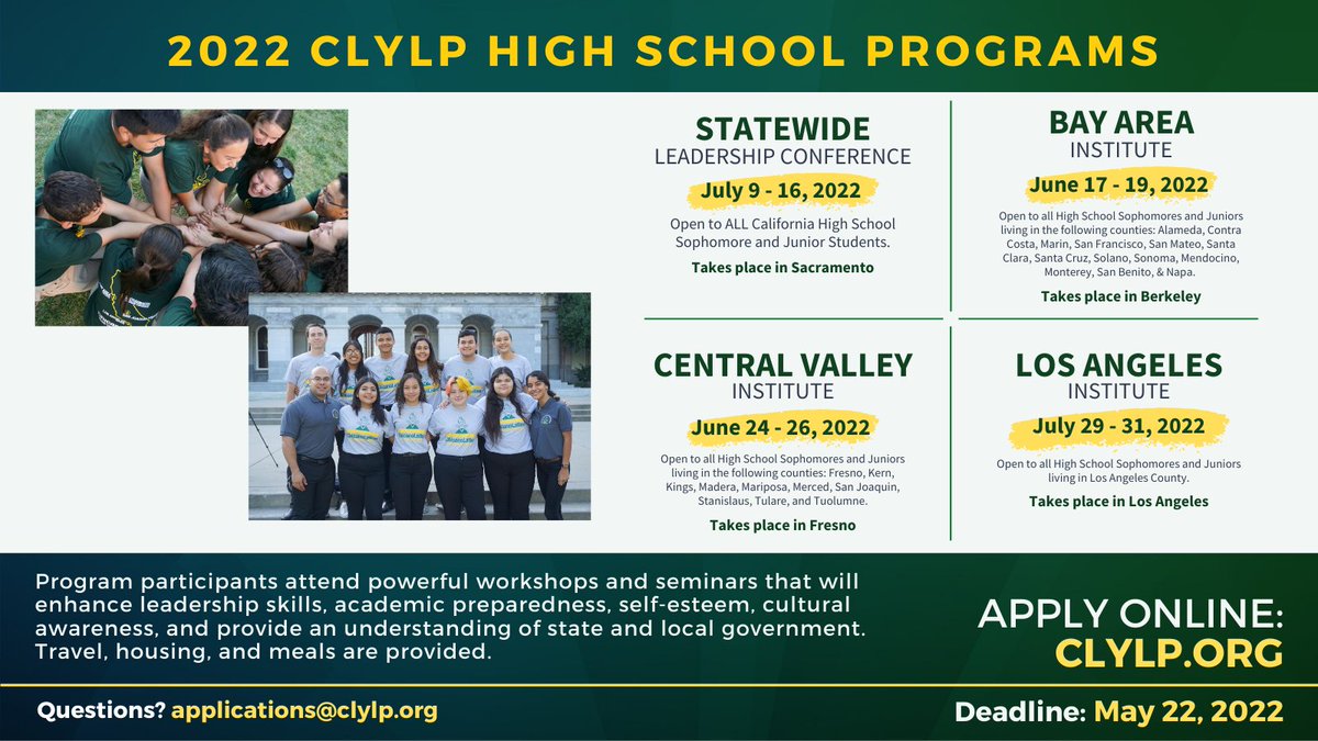 CLYLP's tweet photo. The deadline for CLYLP's high school leadership programs has been extended to May 22nd. CA high school 10th & 11th graders invited to apply! https://t.co/FjUGz5PbFh #clylp https://t.co/ed5CNzTfBZ