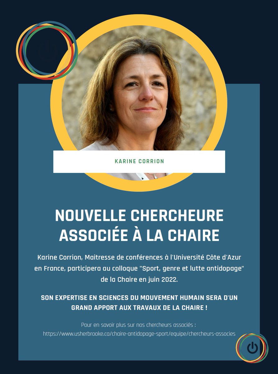 Bienvenue à Karine Corrion, Maitresse de conférences à l'Université Côte d'Azur ! Ne manquez pas sa participation à notre colloque 'Sport, genre et lutte antidopage' en juin 2022 !