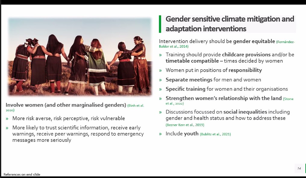 Climate mitigation and adaptation interventions should be gender-sensitive. Here are some ways they can be. Dr. Laura Brown speaking on #womensmentalhealth and #climatechange 

#keepingourplanetinmind <a href="/Lolabear88/">Dr Laura J Brown 🌬🌎</a>