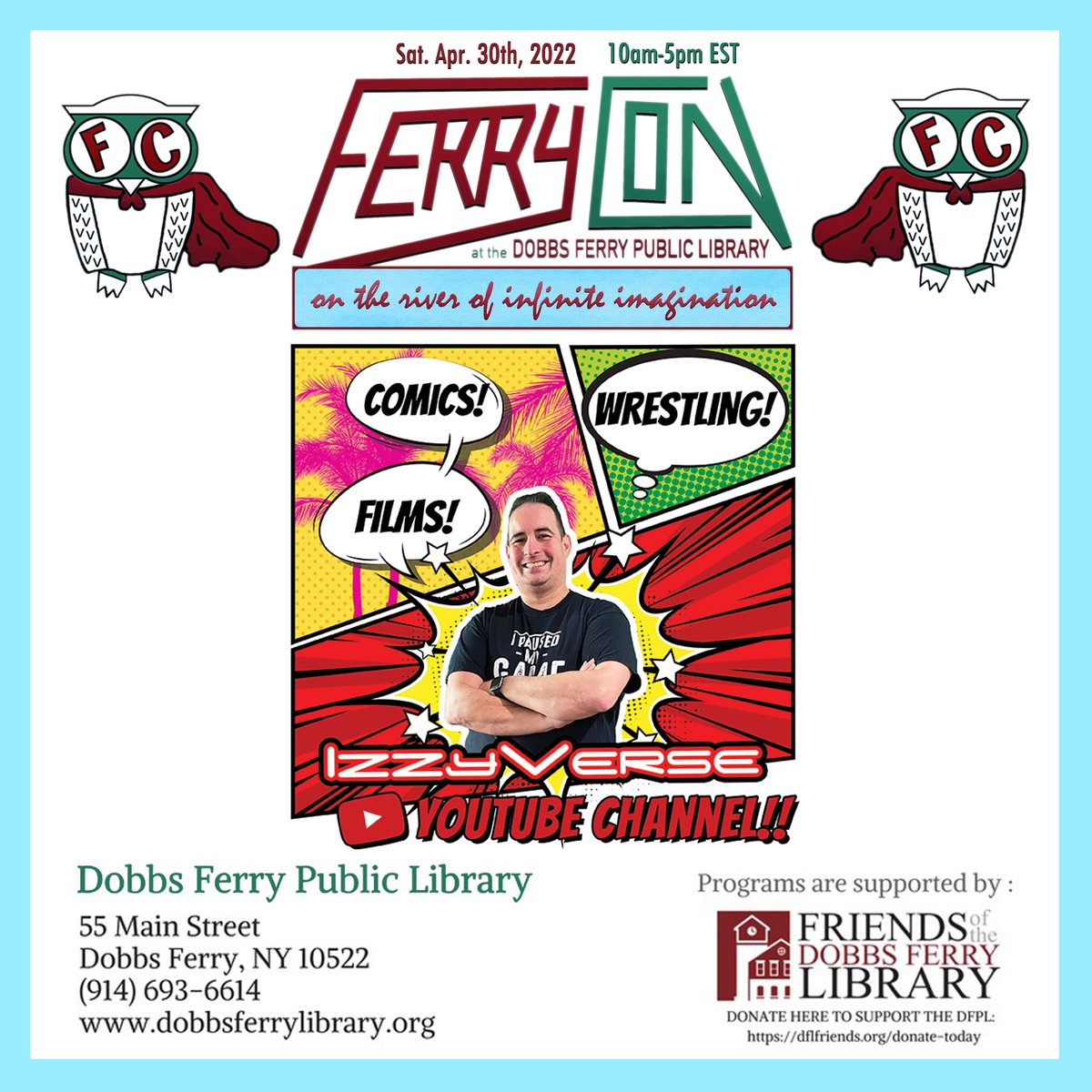 DobbsFerryLib's tweet photo. This Saturday at FerryCon 2022, we are thrilled to have the @IzzyVerseNYC show on hand to talk all things comics, wrestling, film, and TV!
#FerryCon #FerryCon2022 #artist #WWE #wrestling #library #DobbsFerry #comics #art #ComicCon #con #IzzyVerse #film #tv https://t.co/rxiERgUGpp