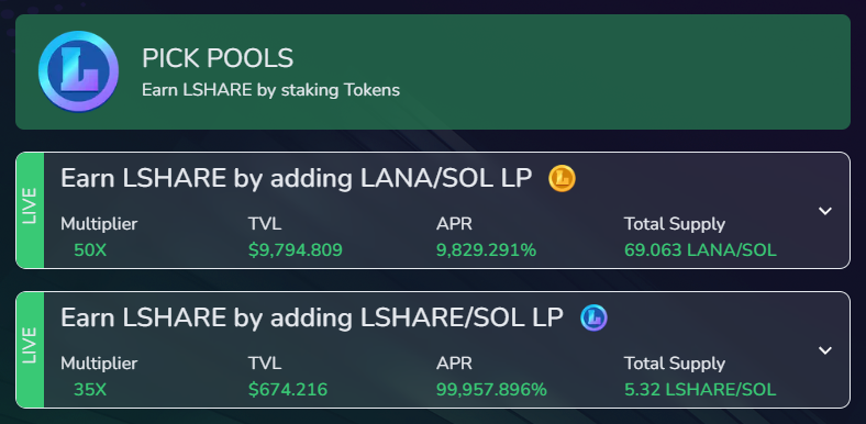 lanaprotocol's tweet photo. Surely you will not want to miss this juicy APR 😱 

Join our Share Pools now to earn $LSHARE before anyone else 😎

Available share pools 👇
🟩 LANA/SOL Pool
🟩 LSHARE/SOL Pool

#LanaFinance powered by @solana https://t.co/JirKrNJV3K