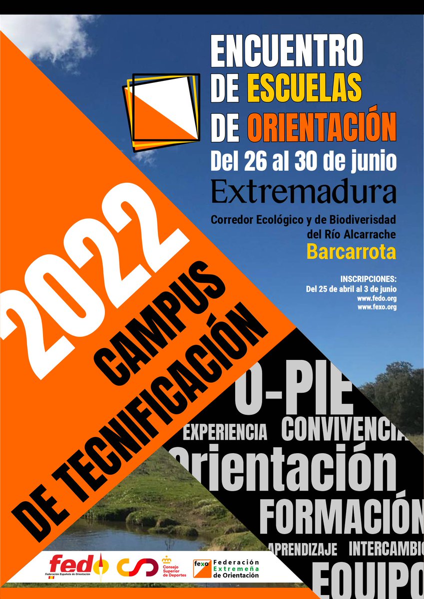 ENCUENTRO DE ESCUELAS DE ORIENTACIÓN FEDO
#CampusO2022 26-30 Junio #Barcarrota #Extremadura 
Tecnificación + Convivencia + Ocio + Naturaleza.
Plazas limitadas.
Toda la info: fexo.org/campus-o
#FEDO #FEXO #Orientación
@fedo_orientacion @deportextremadura