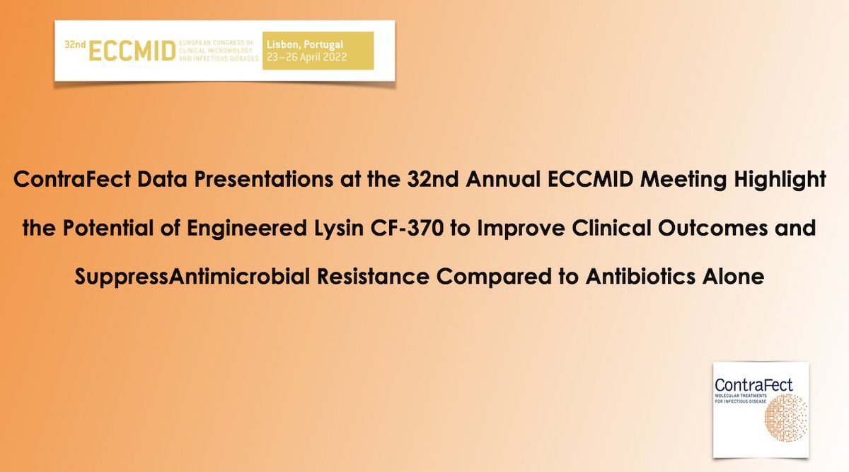 ContraFectCorp's tweet image. DLA #CF370 center stage w/ #ECCMID2022 oral presentation. Data demonstrated⬆️efficacy in rabbit model of hard-to-treat extensively-drug-resistant strain of P. aeruginosa &amp;amp; CF-370 ability to avoid #AMR &amp;amp; suppress #antibioticresistance. Kudos to $CFRX team!
ir.contrafect.com/press-releases…