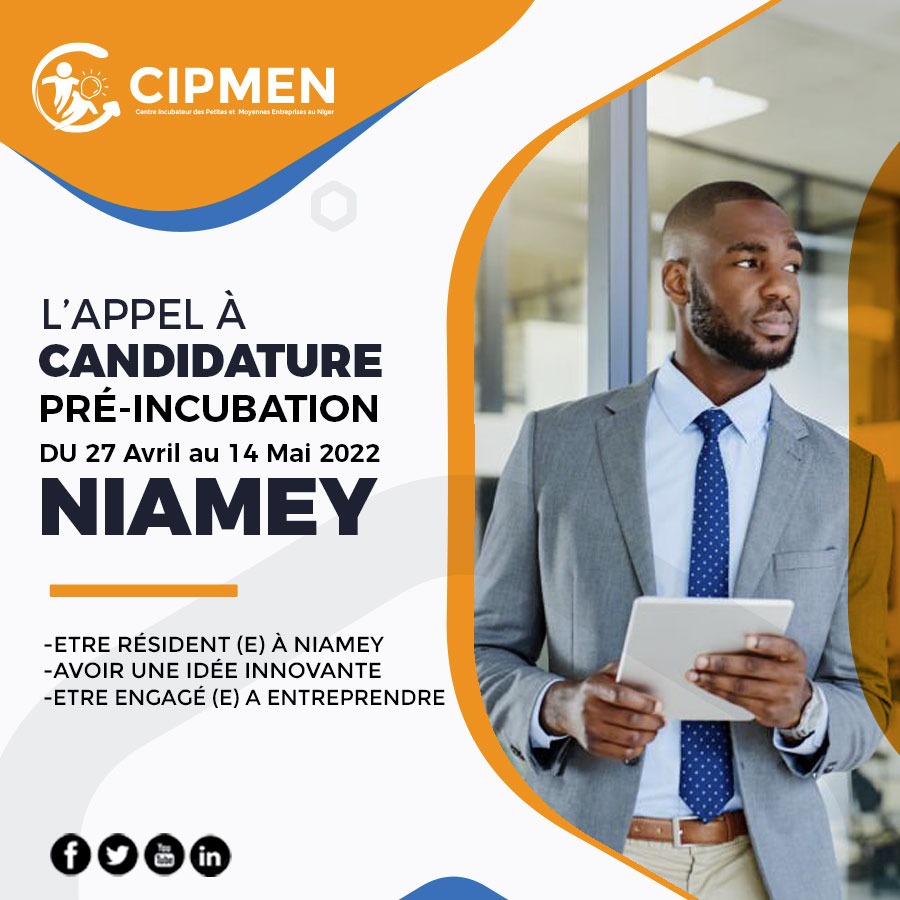 Cipmen's tweet image. #Appel_à_Candidature_Niamey
Vous avez de belles idées entrepreneuriales ? 
Le 1er Centre Incubateur des PMEs au Niger lance un programme de Pré-incubation du 26 avril au 13 mai 2022, 
Vous aurez des formations pratiques et ateliers
Postulez via: forms.office.com/r/0SyJnkAFSk

#Cipmen