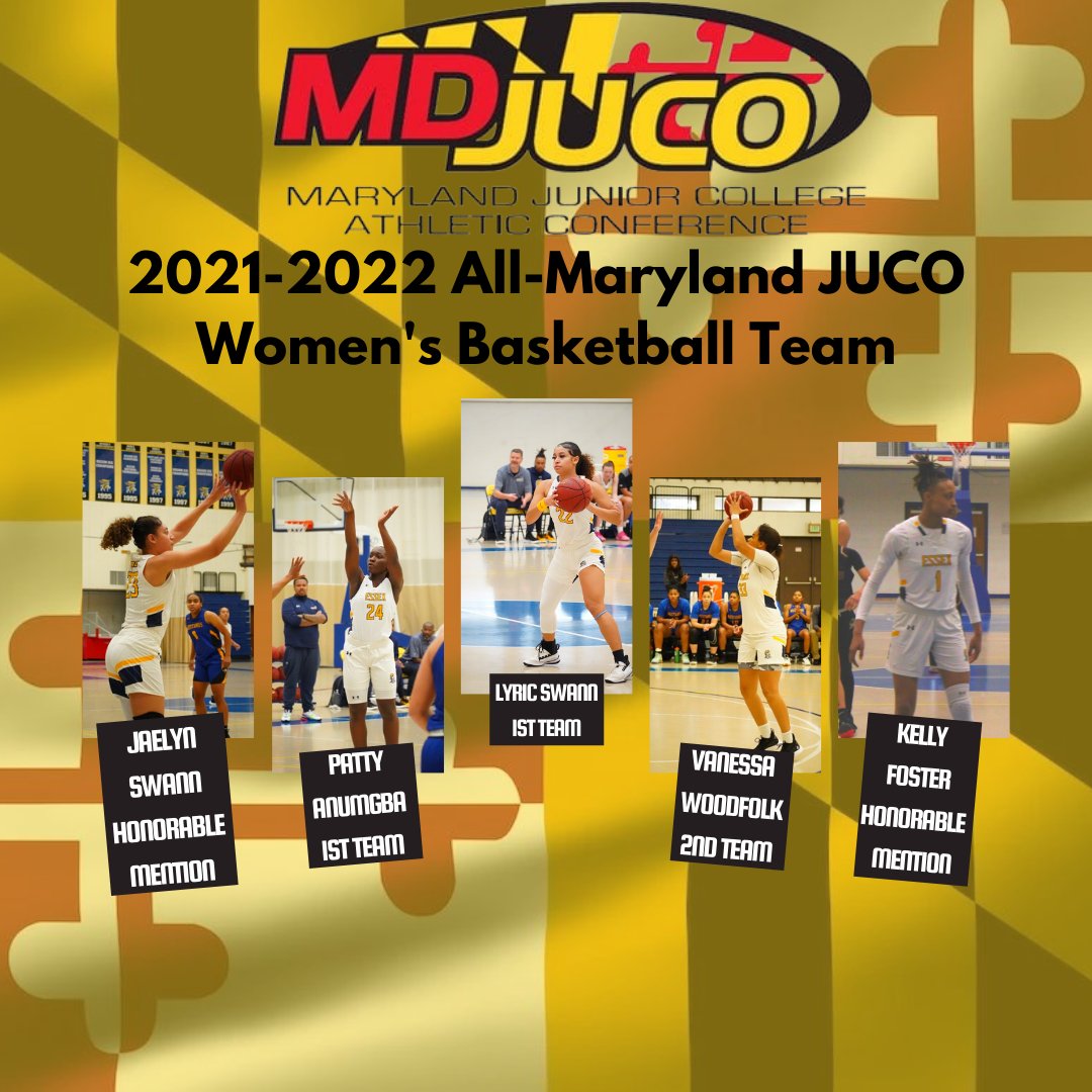 Congratulations to <a href="/Knights_Wbb/">CCBC Essex WBB</a> players Lyric Swann, Patty Anumgba, Vanessa Woodfolk, Jaelyn Swann, and Kelly Foster for earning spots in MDJUCO's 21-22 All-Maryland JUCO Women's Basketball Team!