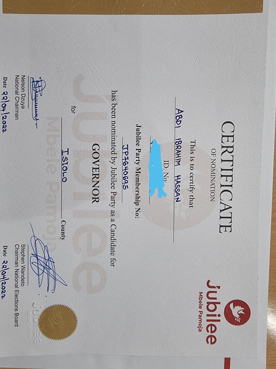 GovGuyo's tweet photo. Finally the long awaited issuance of certificate is done! 
@JubileePartyK, Allow me to express my gratitude for nominating me as a candidate for Governor, Isiolo County.
To all my supporters, thank you for your support and patience. 
We secured it. https://t.co/I6EyAvh3o3