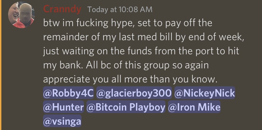 PIaybit's tweet photo. Enough to make a grown man cry. Cranndy has been a long term member of our group, 2+ years now. He came down w/ cancer about a year ago &amp; traded during his treatments &amp; has now been able to pay off all his medical bills through his day trading account ♥️🙏

Absolute legend 🐐 https://t.co/bXWy0R3ntw