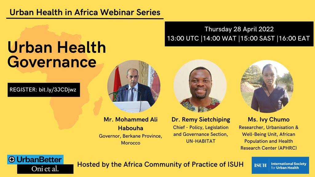 IS_UrbanHealth's tweet photo. 📢 Tomorrow!
@IS_UrbanHealth Africa CoP is hosting its second webinar on #UrbanHealth Governance. Join us to learn more about tools and best practices for supporting health through urban governance and connect with other community members!

🔗 Register: https://t.co/WQzHU6UNls https://t.co/4dGdUsQMOP