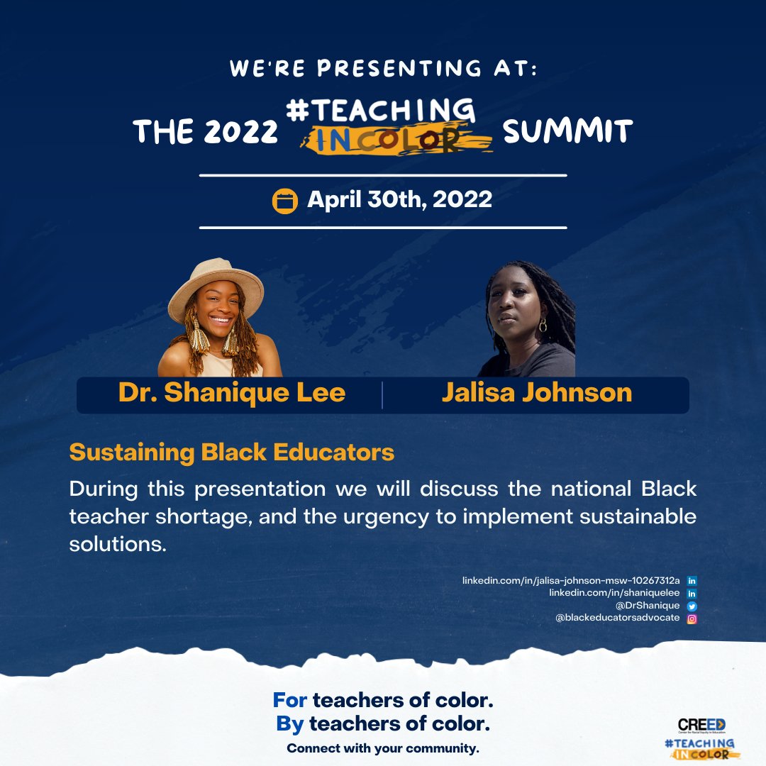 👏🏾 Join <a href="/DrShanique/">Shanique J. Lee, Ph.D.</a> and Jalisa Johnson at the 2022 #TeachingInColor Summit!

🗓 When: April 30th, 2022
⌚️ Time: 12:35 PM - 1:25 PM EDT

🧑🏽‍💻 To attend #TiCS2022 with <a href="/DrShanique/">Shanique J. Lee, Ph.D.</a>, Jalisa &amp; other #edequity leaders, visit bit.ly/3L4h3wC