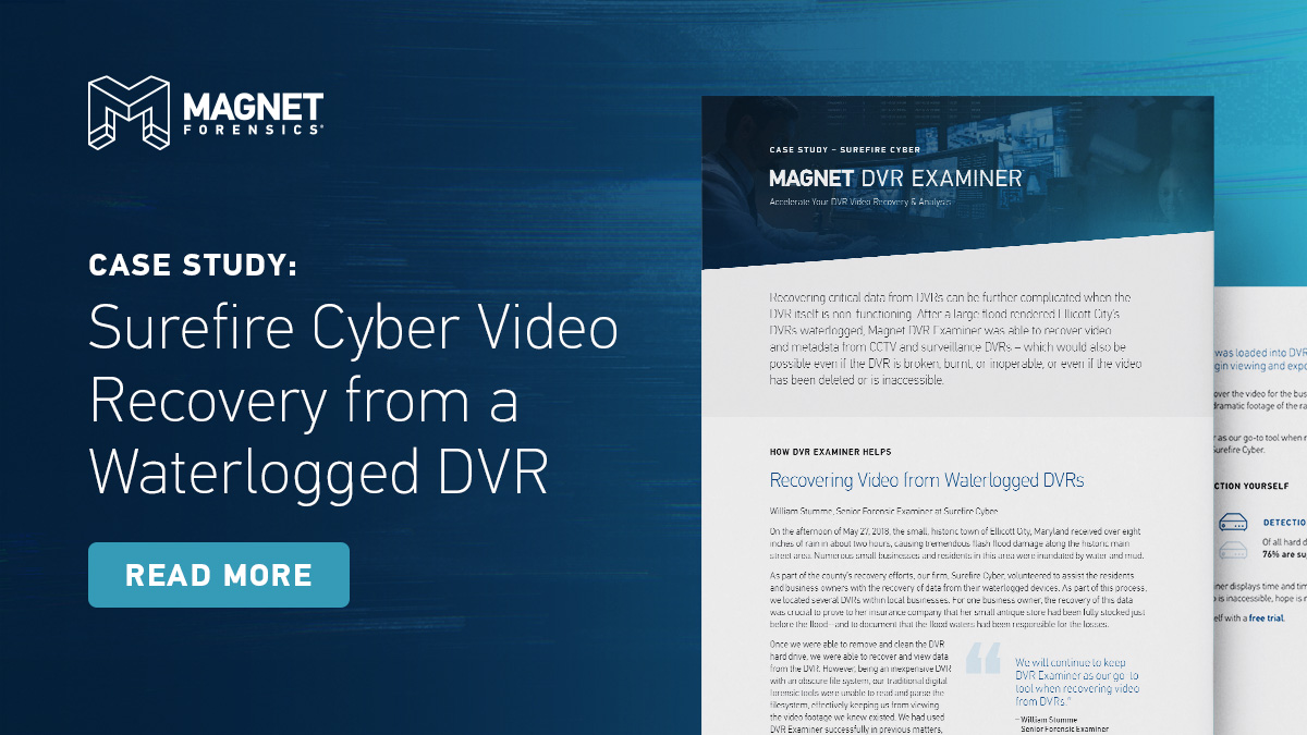 MagnetForensics's tweet photo. In this new case study, we highlight William Stumme, Senior Forensic Examiner of Surefire Cyber, and how he was able to use #DVRExaminer to recover and view data a waterlogged DVR: https://t.co/wwW0BySQbi #DFIR #DVRForensics https://t.co/DnbMOtzIRg
