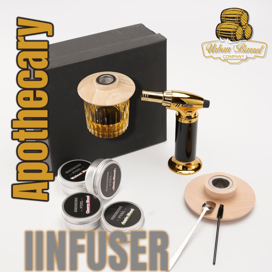 The Apothecary Smoker Set is the perfect setting for any home bartender wishing to infuse a smokey scent into any spirit or cocktail. This set exemplifies both form and function. Create a beautiful smokey a surge effect.

urbanbarrelcompany.com/shop-products/…