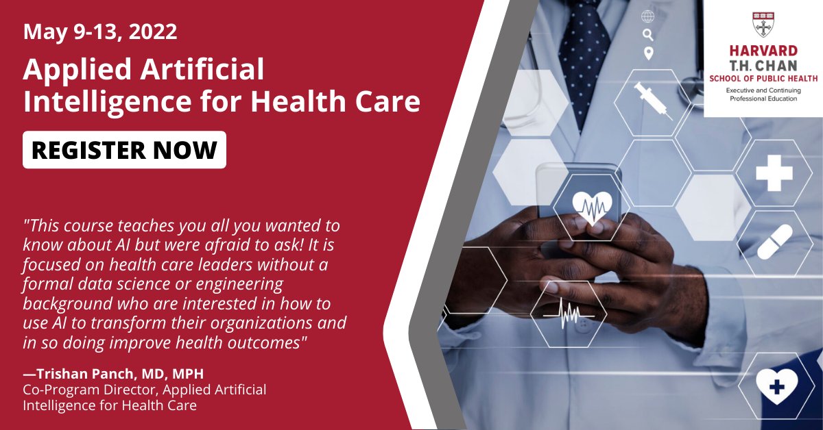 Our online AI program is everything you want to know about AI in #healthcare, but were afraid to ask. Register by May 6 to learn from renowned Harvard faculty and industry experts including @basslinetherapy, @Gopal_Kot, & @HeatherMathy.