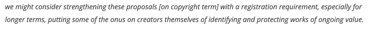 The government’s *own* Justice Minister <a href="/DavidLametti/">David Lametti</a> has been on record as supporting registration as a means of addressing the harms from lengthy copyright terms. Lametti regarded worldwide as a copyright expert. 3/9 papers.ssrn.com/sol3/papers.cf…