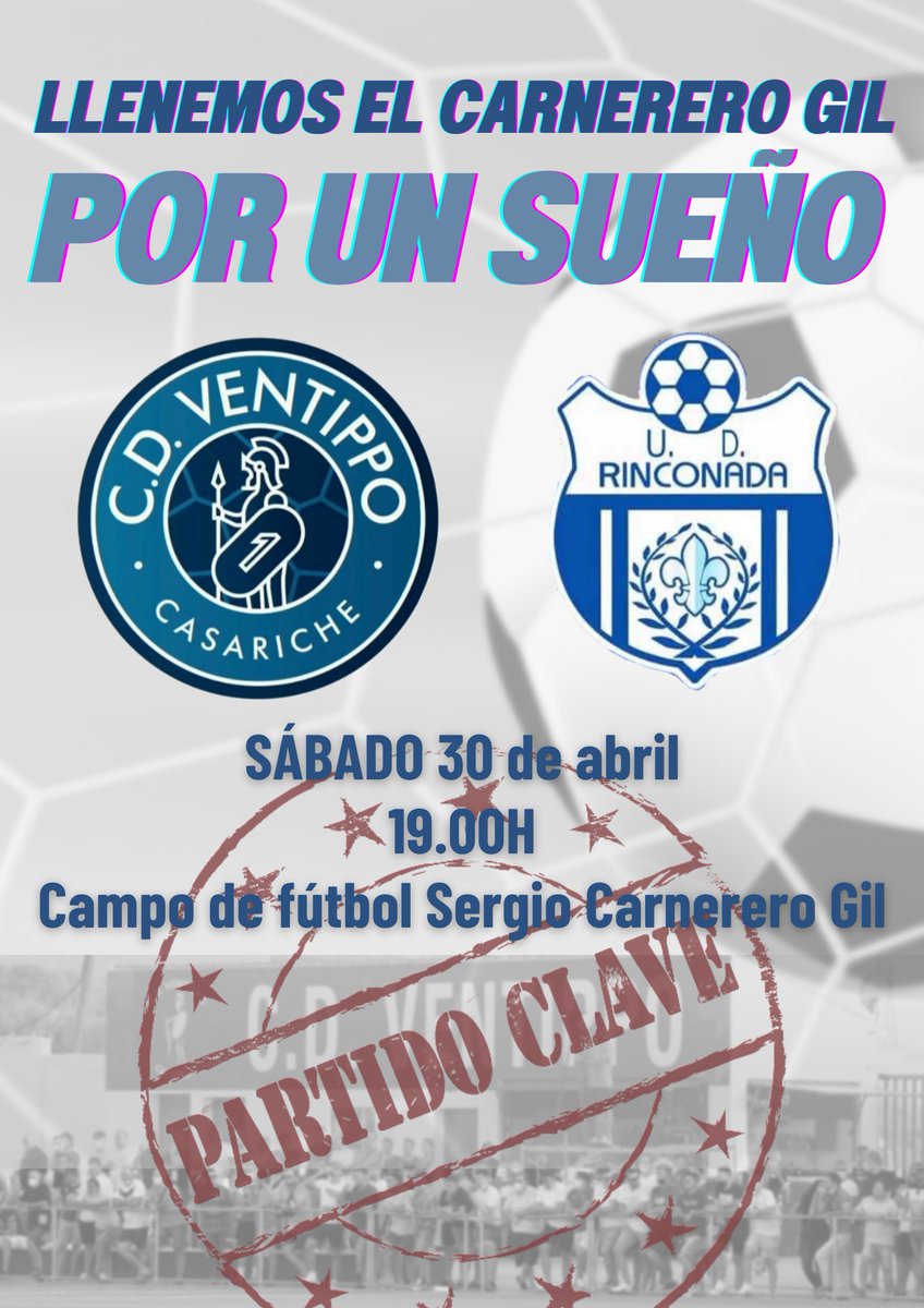 Este sábado queremos llenar el Carnerero Gil hasta la bandera!!!

Os esperamos para animar a nuestros azules 👏🏼👏🏼

Nos jugamos tres puntos importantísimos para el desarrollo de esta Fase de Ascenso 💪🏼💙🤍

#GraciasAfición
#VamosAzules
#SERG1OEterno