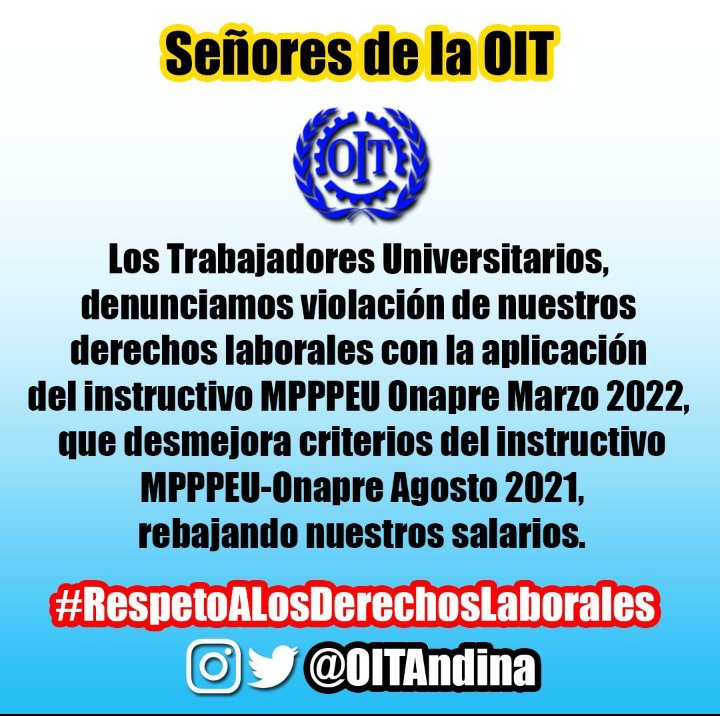 Violación al convenio 94 de esta organización dónde Vzla como estado miembro no cumple con sus acuerdos. 
#RespetoALosDerechosLaborales 
<a href="/FAPUV/">FAPUV</a> 
<a href="/OITAndina/">OIT Países Andinos</a> <a href="/OITAmericas/">OIT Américas</a> @AulaAbiertaVE