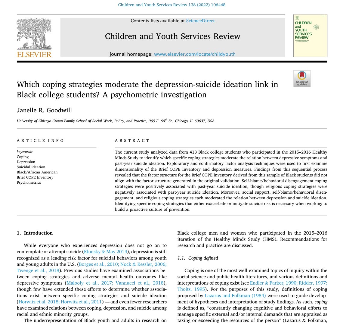 ✨Twitter friends - it brings me great joy to share this new manuscript with you. I love this paper deeply. Here I examine which coping strategies are linked to past-year suicidal ideation in a sample of Black young adults who are college students. All are 18 to 35-years-old.