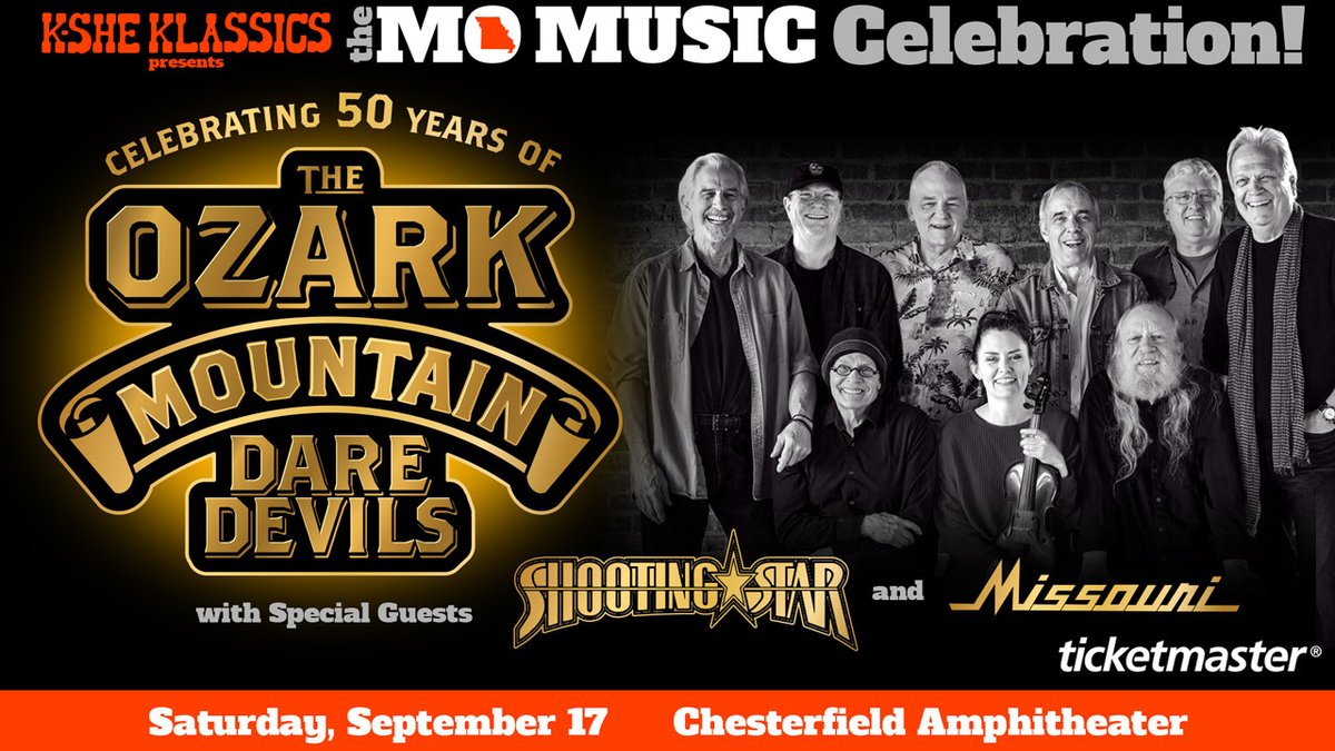 KSHE 95 Klassics St. Louis presents The MO Music Celebration! Celebrating 50 Years of The Ozark Mountain Daredevils with special guests Shooting Star and Missouri at Chesterfield MO. Amphitheater on Saturday, September 17th, 2022 ticketmaster.com/event/06005C99…