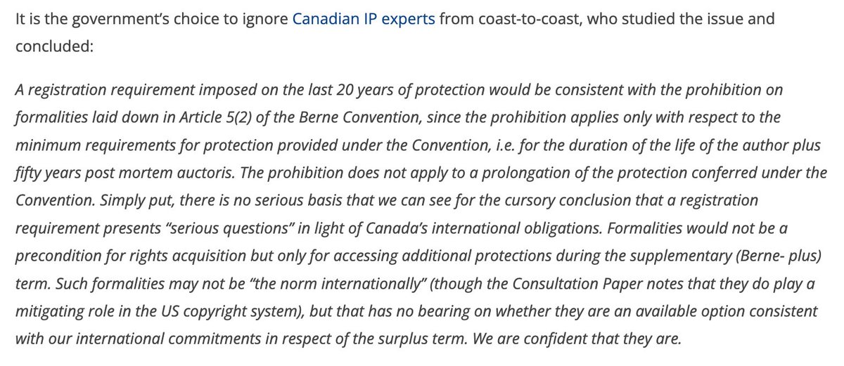 Leading Canadian IP experts from across Canada confirmed that a registration approach was consistent with both international copyright law and trade law. Government claims to support evidence-based policy but rejected the evidence. 5/9 ic.gc.ca/eic/site/693.n…