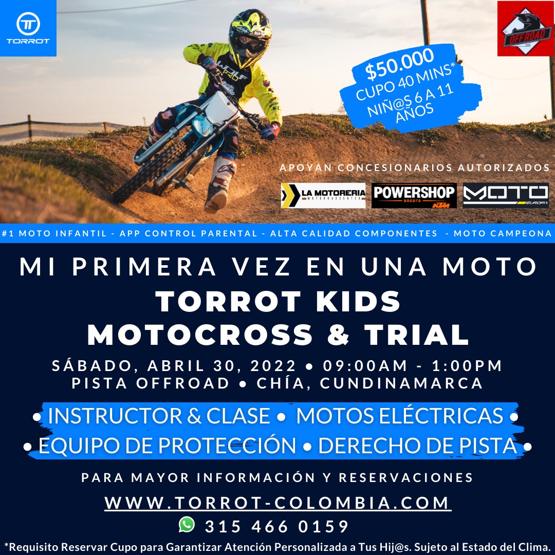 Prowess_Global's tweet photo. Vive la gran experiencia “Torrot Mi Primera Vez en Una Moto”, la mejor, más divertida y segura, personalizada y eléctrica iniciación en el mundo de las motos.

#electric #offroad #enduro #motocross #trial #motoscolombia #Colombia #electricmotorcycle #electricdirtbike #dirtbike https://t.co/KdUzuD4NuK