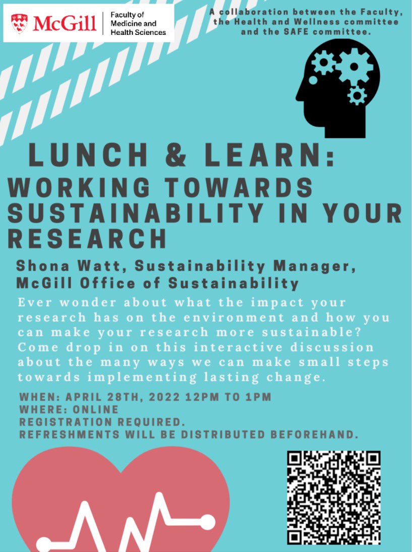 A reminder about this month’s <a href="/mcgillu/">McGill University</a> <a href="/McGillMed/">McGill Medicine and Health Sciences</a> Lunch &amp; Learn Workshop on Sustainability in Research, happening tomorrow April 28 at 12 PM! Registration link: forms.office.com/r/sDL2mZ5gSS <a href="/akryan6/">Aimee Ryan</a> <a href="/KimberlyGJohn/">Kimberly John</a> <a href="/jenn_chen_/">Jenn Chen</a>
