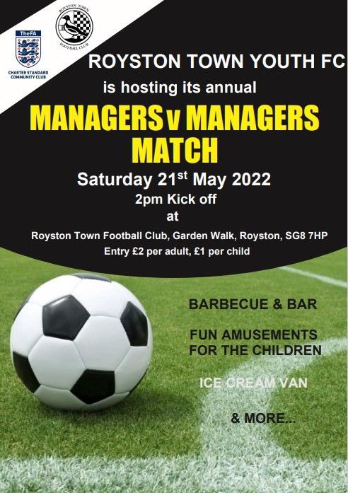 roystontyouthfc's tweet photo. We are very excited to announce that our annual Managers v Managers match is BACK 🎉

Saturday 21st May
2pm KO 

Come down and support your Team Managers

Roy Stone Rovers v McGlynn It to Win It who will lift the trophy this year 💙🤍🖤⚽️🏆 https://t.co/5FycAMzcJB