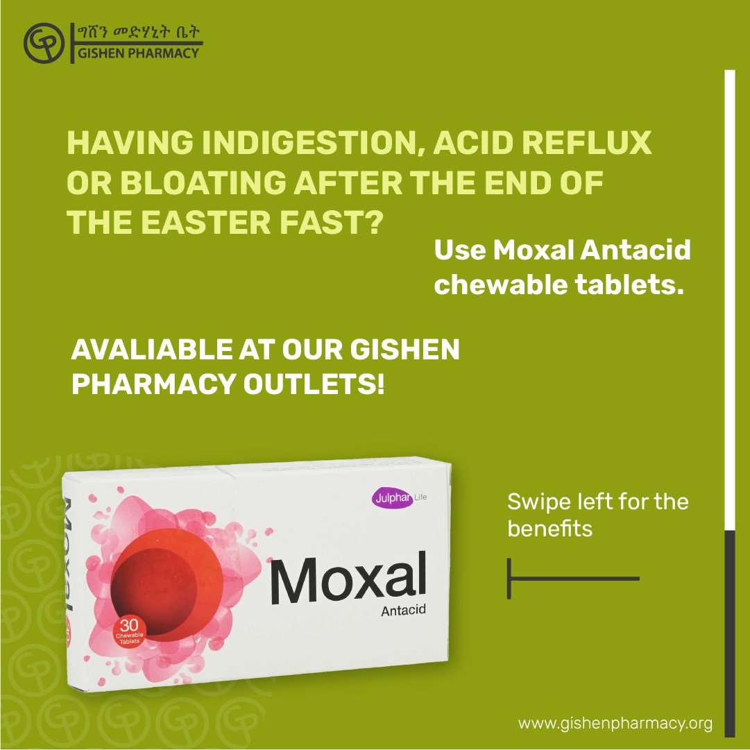 GishenP's tweet image. Suffering from indigestion, #acidreflux or bloating issues after the end of the Easter fasting period? #Moxal antacid chewable tablets got you covered. Available at our #GishenPharmacy outlets. #AddisAbaba #Ethiopia #pharmaciesinaddis #HealthForAll #Pharmaceutical