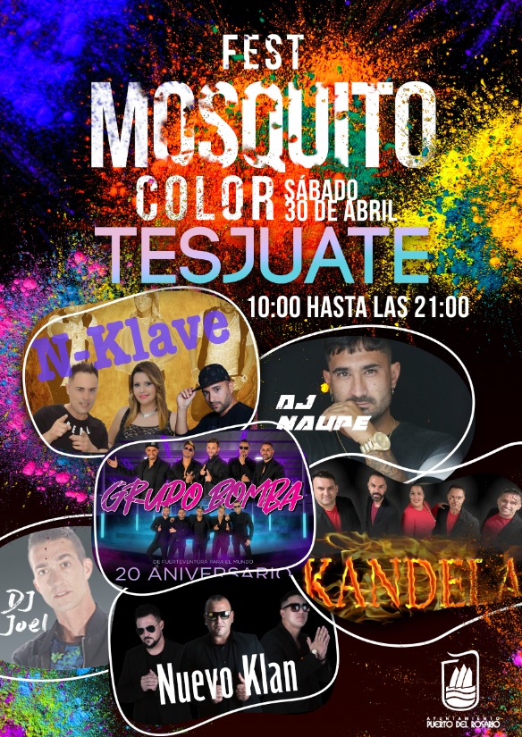 PuertoRosario's tweet photo. 🎊Regresan las #FiestasdeTesjuate organizadas por la asociación vecinal y @PCiudadanaPto.
📢¡ATENCIÓN! Además, el día 30 regresa el🦟#MosquitoColorFest🤩gracias a la colaboración de la Concejalía de #Juventud.
#llenemosdecolorTesjuate ❤️🧡💛💚💙
ℹ️ https://t.co/eWX573mQBg https://t.co/s7P6tIJwmW