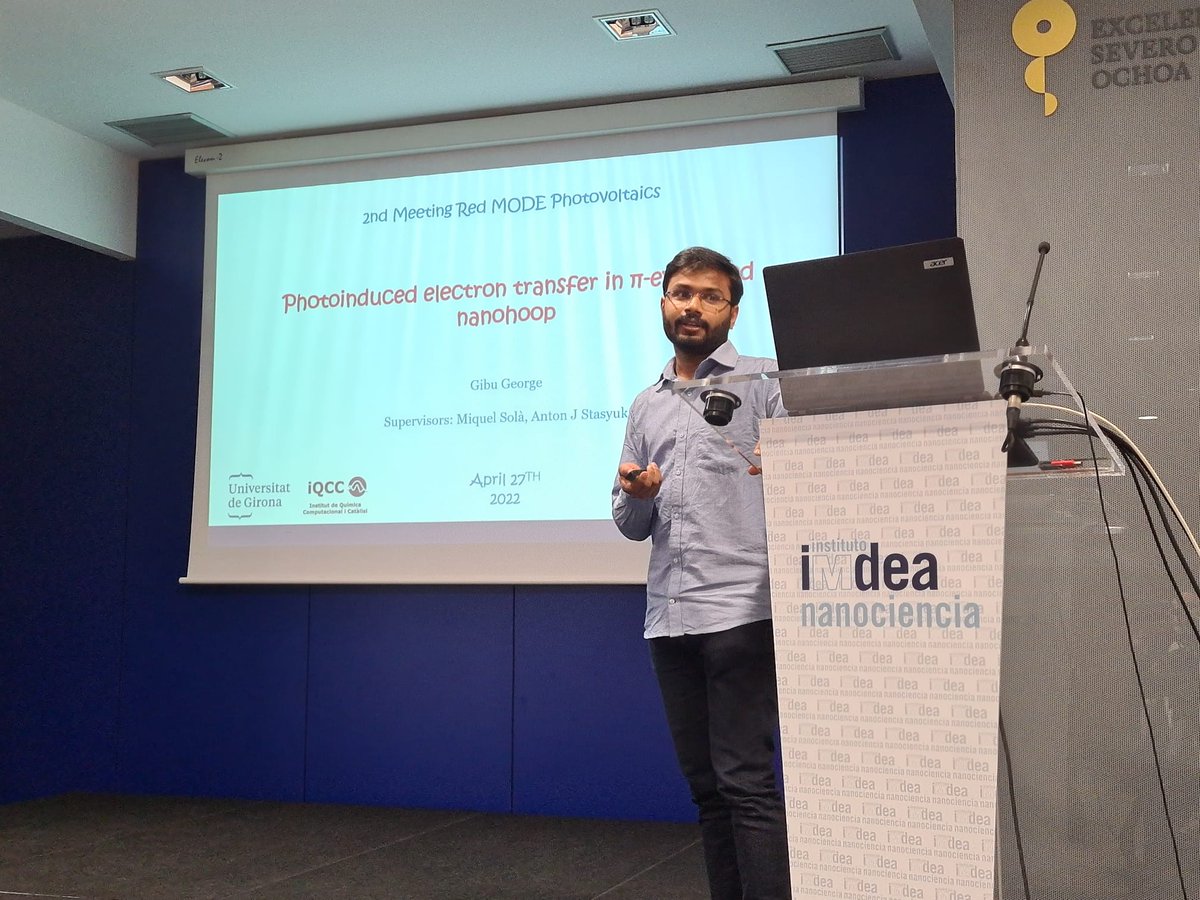 Last speaker of today second meeting of the Spanish Network Mode Photovoltaics RED2018-102815-T in @IMDEA_Nano is the member of our group @GibuGeorge_. He presents his work on photoinduced electron transfer in π-extended macrocycles.